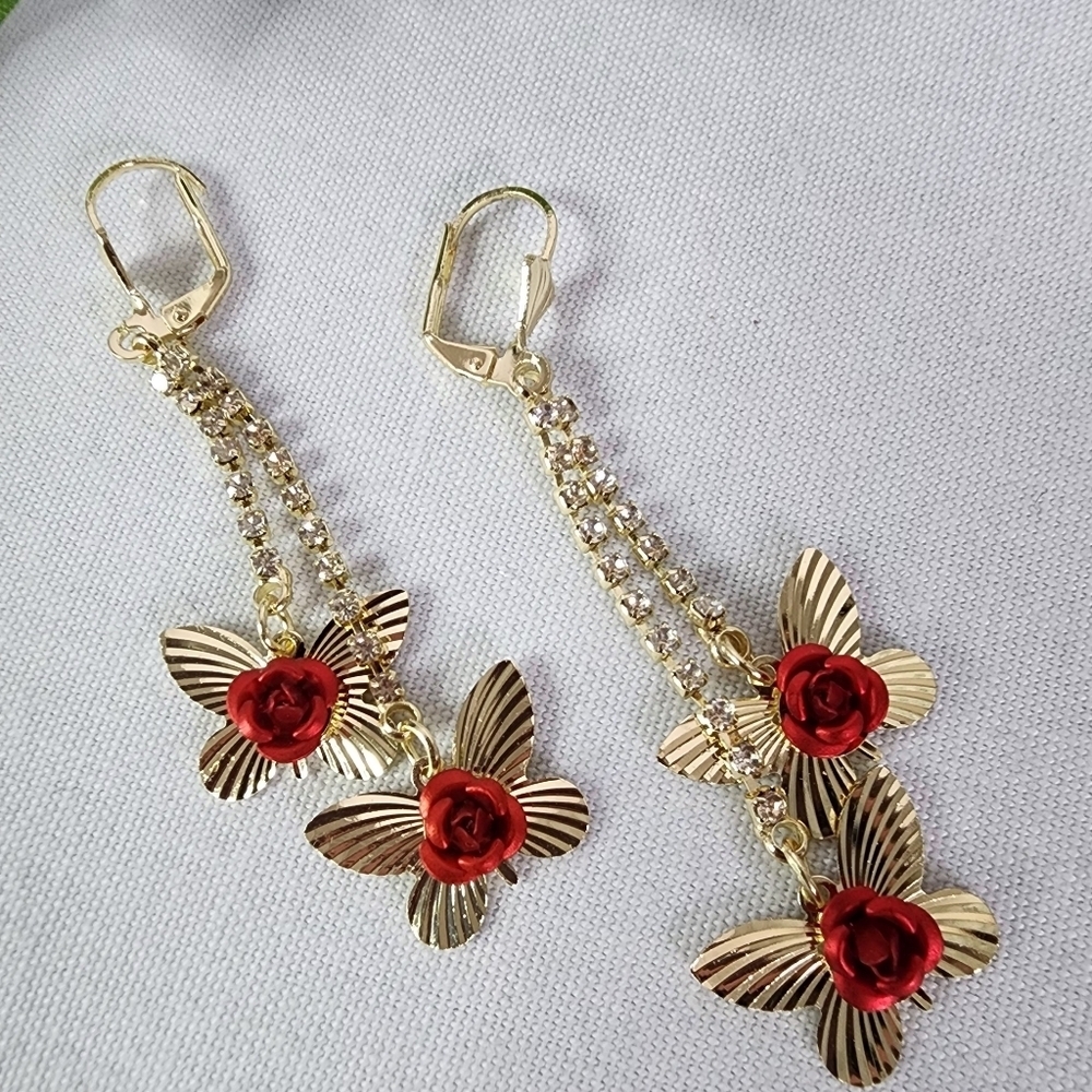Gold Dangle Earrings with Butterfly and Red Rose Flower